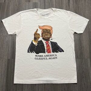 Gildan White Short-Sleeve Graphic Tee with Multicolor Political Caricature